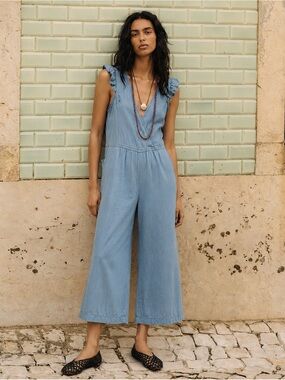 Light Blue Denim Sleeveless Wide-Leg Jumpsuit with Ruffle Shoulders